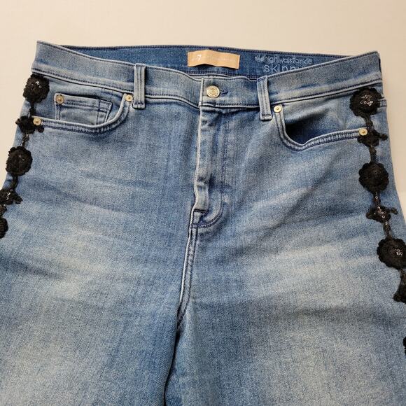 7 For All Mankind High Waist Ankle Skinny Jean Black Sequin Embroidery leg 32/26 - Picture 3 of 8